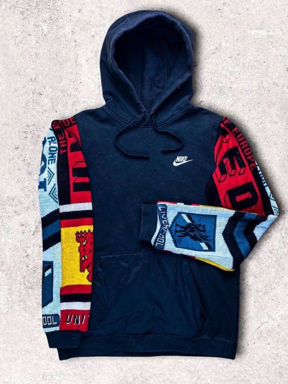 Nike Black Crewneck Hoodie with Red and Yellow Graphic Sleeves